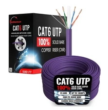 500FT CAT6 Purple ETL CMR Ethernet Cable UTP Solid Copper 23AWG 550Mhz Wire