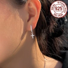 Real 925 Silver Small Cross Dangle Cubic Zirconia Huggie Hoop Earrings for Women