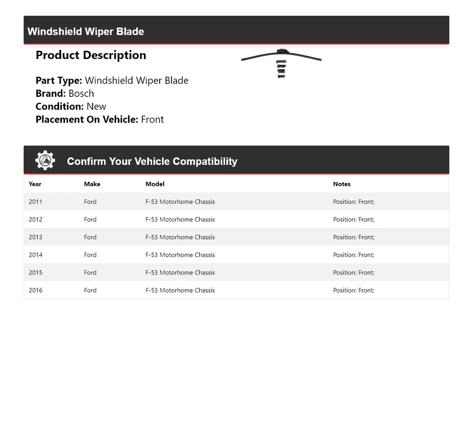 Para Ford F-53 2011-2016 chasis Bosch limpiaparabrisas delantero Foto 2 de 4