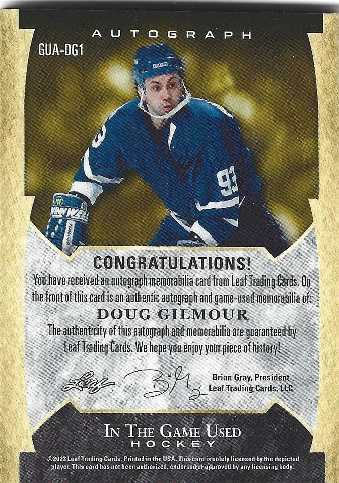 2023 Leaf In The Game Used Silver Sparkle Doug Gilmour Autograph Jersey #10/15 - Image 2 of 2