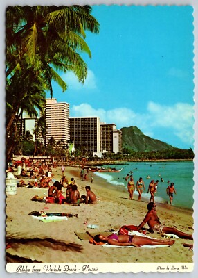 Aloha from Waikiki Beach Postcard, Vintage Hawaii Art, Scenic Travel Souvenir