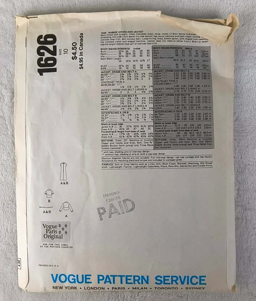 Chaqueta de Vestido Vintage Años 80 Vogue Paris Patrón Original 1626 Molyneux Corte 10 Foto 3 de 3