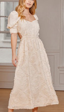 Lulus Dress XL Unending Love Cream Jacquard Cutout Puff Sleeve Pockets Midi NWT