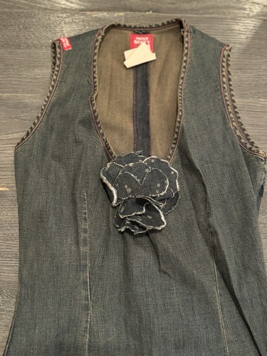 Robe vintage rare Y2K Miss Sixty bleu foncé denim col V ajusté décor fleurs taille S - Photo 3/15