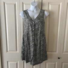 GAP L Tall Sleeveless Button A-Line Dress Green White Geometric Print Cotton