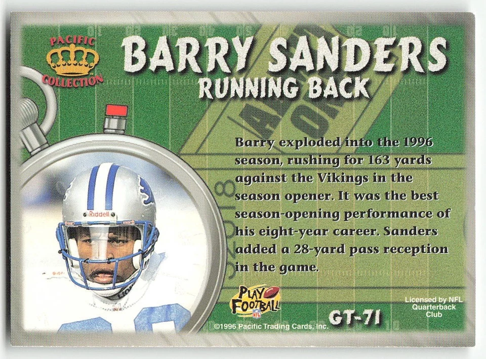 1996 Pacific Litho-Cel #GT-71 Barry Sanders FOOTBALL Detroit Lions - Image 2 of 2