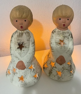 2 Vintage 8'' Jullar Pottery Singing Angel Tea Light Holder Christmas Decor