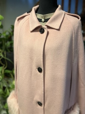 Max Mara Style Pink Wool Cape Coat withRealFox Fur PocketsElegant Italian Design