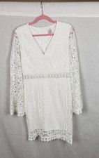 Esley Dress L White Lace Bell Sleeve Lined Mini Boho Peasant Festival Wedding