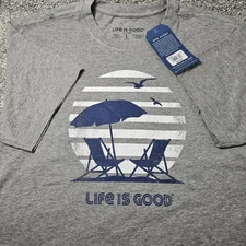 Life Is Good T Shirt Unisex Size Large Gray Retro Beach Umbrella Graphic Tee NWT