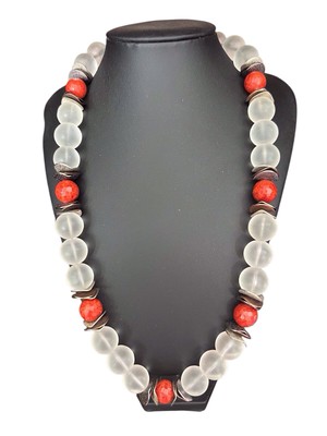 Boho Halskette Roter Apfel Koralle Milchglasperlen Sterlingsilber gewellt B6