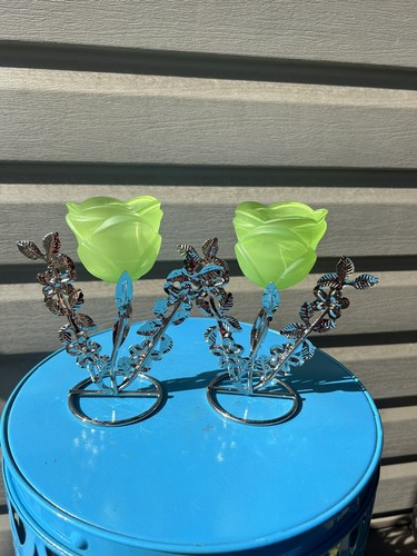 Bright Green Roses Glass Silver Shiny Finish Metal Leaves Candle Holders 6”-2