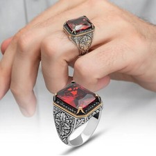 Solid Sterling Silver Men's Ring Turkish Jewelry Red Garnet Stone All Size