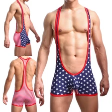 Sports Men Wrestling Singlet Bodysuit USA merican Flag Leotard Muscle Jumpsuit 