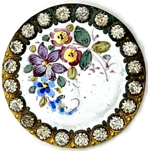 Magnificent Antique Large Handpainted Floral Button, Paste Rhinestone Pre-1800s - Afbeelding 1 van 8