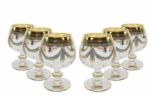 Interglass Italy "Cognac" 6-pc Luxury Crystal Glasses, Vintage Design, 24K Gold