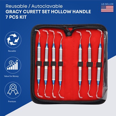 7 Pcs Gracey Curette Set with Hollow Handle Double Ended Dental Instrument Kit