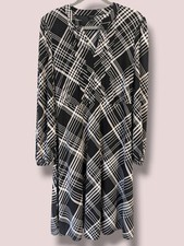 Ann Taylor Black Stripe Plaid Jersey Knit Flowy Long Sleeve Midi Dress Workwear