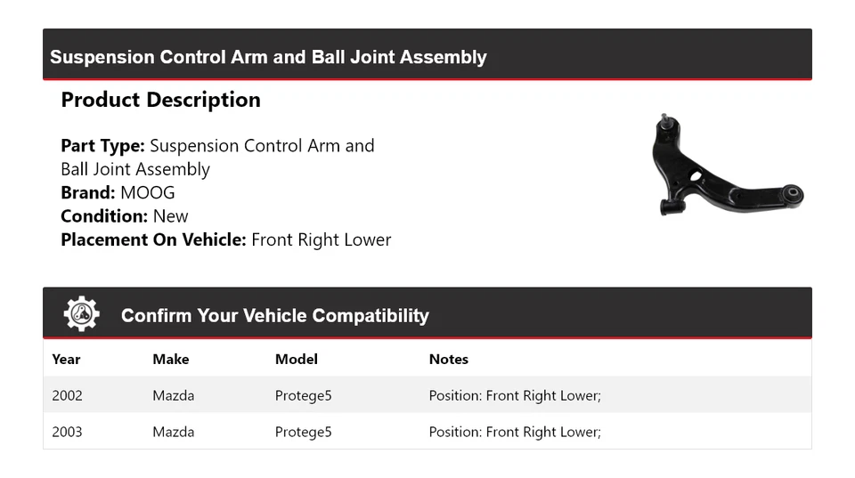 Brazo de control delantero derecho inferior MOOG para Mazda Protege5 2002-2003 Foto 2 de 4