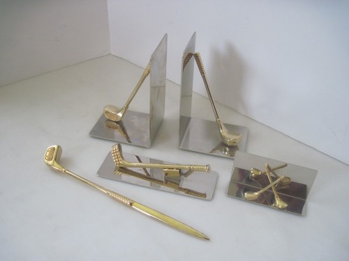 Vintage Elegant Golf Themed Desk Accessories 5 Piece Set Silver & Brass - Picture 14 of 18