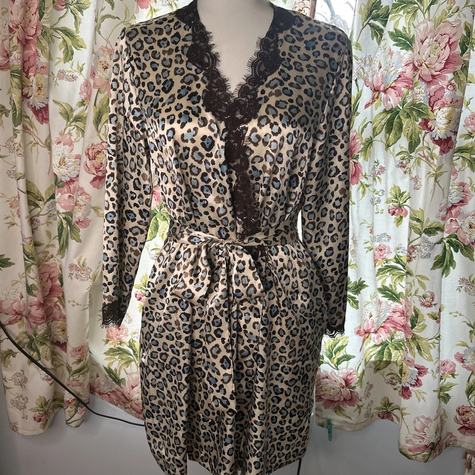 Morgan Taylor халат кружева атласный короткий гепард печать синий коричневый S прикрепленный ремень - Изображение 2 из 4