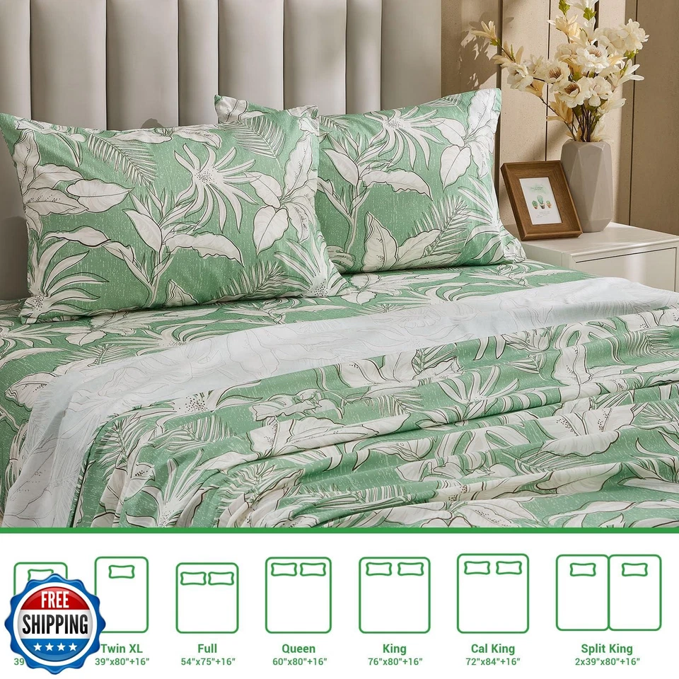 Juego de Sábanas Gogreen 100% Algodón Talla King, Verde Floral, Juego de 4 Piezas, Transpirable Be Foto 4 de 4