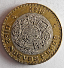 1993 MEXICO 10 PESOS - Excellent Silver Bi-Metal Coin - Rare Type - Lot #J6