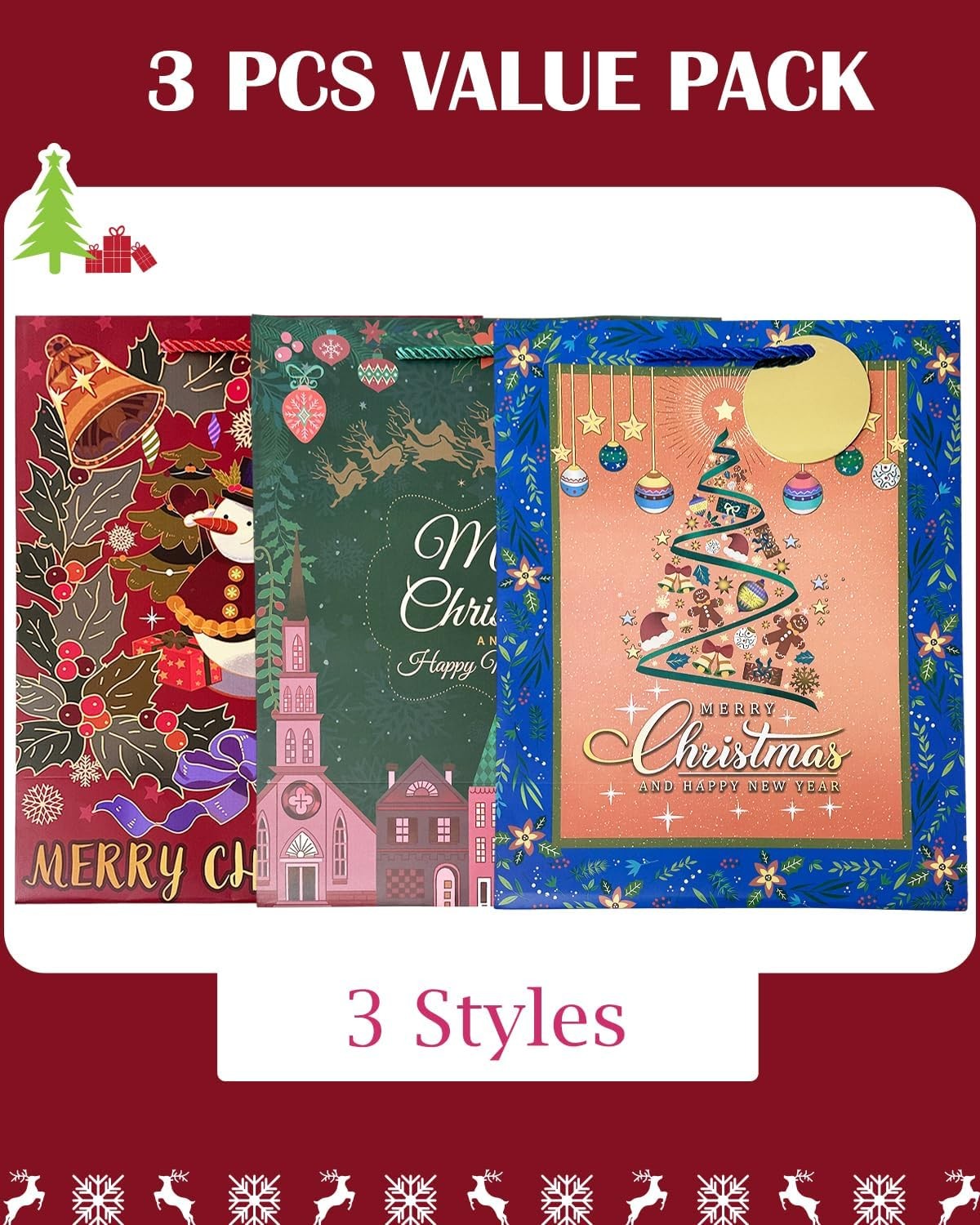 qiqee Christmas 13" Large Gift 1 Count (Pack of 3), Christmas-RedBlueGreen 