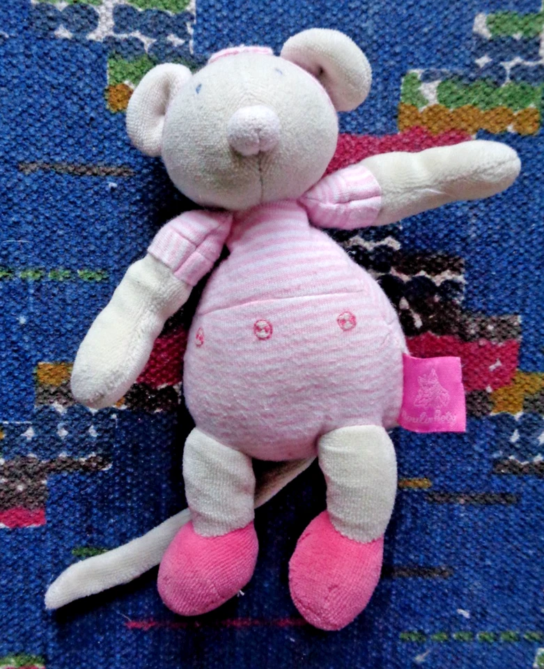 XP / DOUDOU PELUCHE MOULIN ROTY SOURIS LILA ROSE GRELOT TBE - Photo 1/1