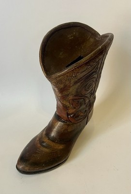 Cowboy Boot Bank Ceramic Resin 8  Brown Stitch Detail Rustic Vintage