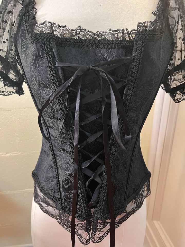 Adore Me Black Lace Corset Size XL Polka Dot Sheer Sleeves Quick Zip Back - Image 2 of 4