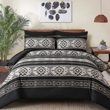 Black Comforter Set Queen Size,7 Pieces Boho Striped Bed in a Bag Aztec Western