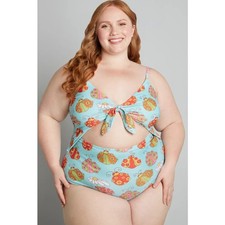 ModCloth Size Large The Siena One-Piece Swimsuit Blue Floral Tie Front Ladybug