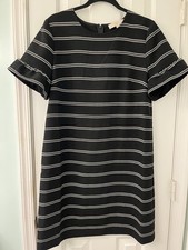 LOFT Dress 14 Black W/ White Striped Short Ruffled Sleeves Somewhat Heavyweight