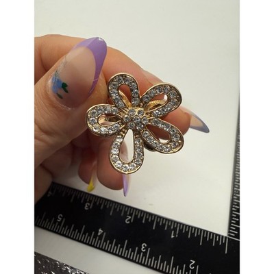 Gold Tone Rhinestone Flower Scarf Ring Floral Crystal Slide Accessory