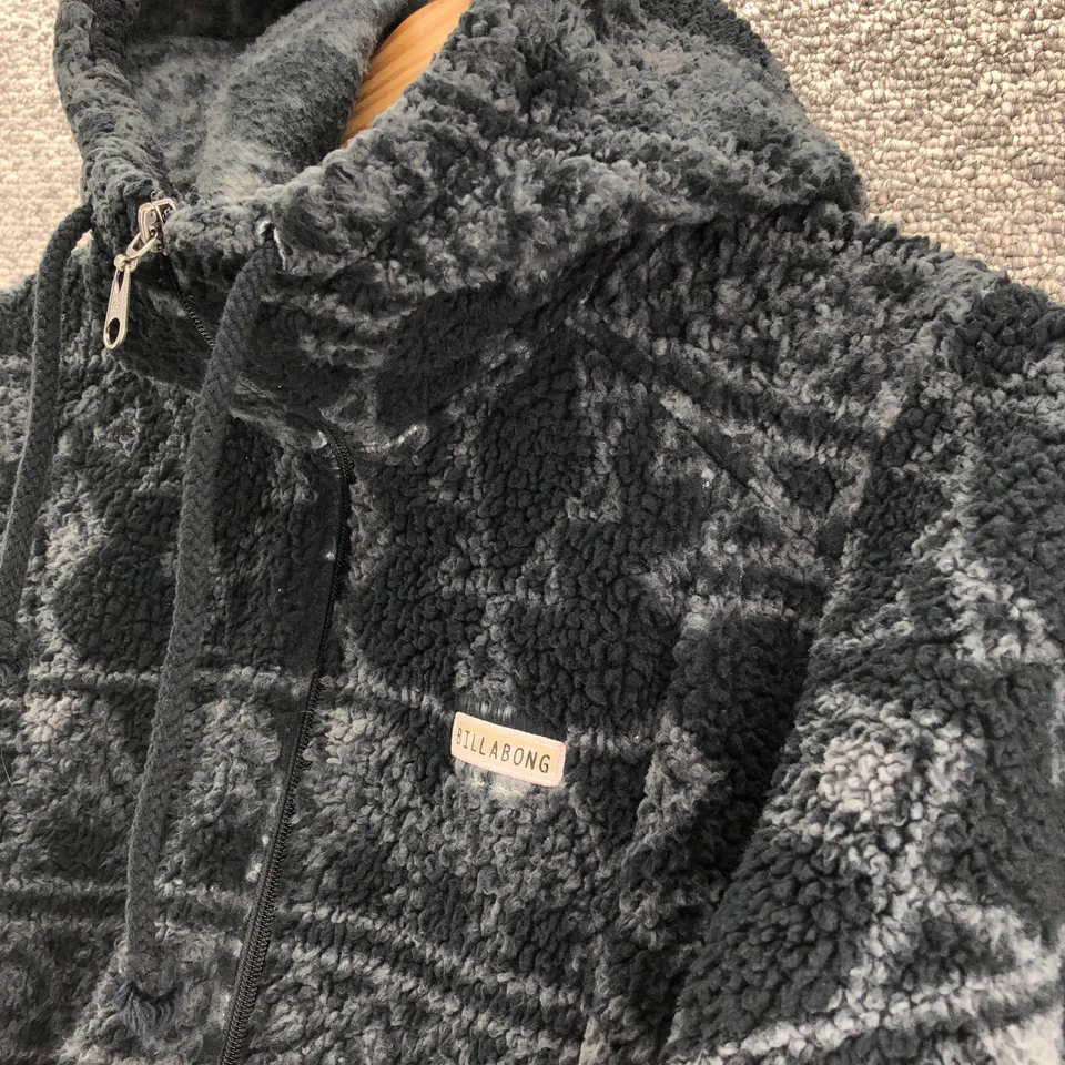 Chaqueta polar Billabong Azteca Sherpa con capucha negra gris para mujer talla L cremallera agujero para el pulgar Foto 3 de 4