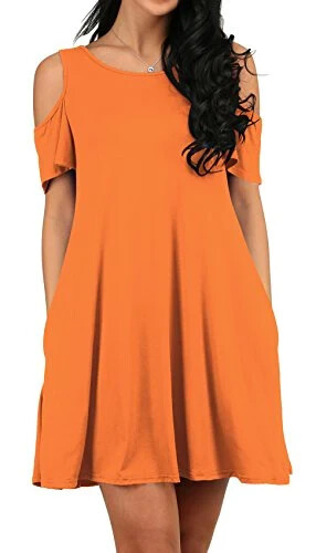 Women Short Sleeve Cold Shoulder Tunic Top Swing T-Shirt Loose Dress/Pocket M - Bild 1 von 11