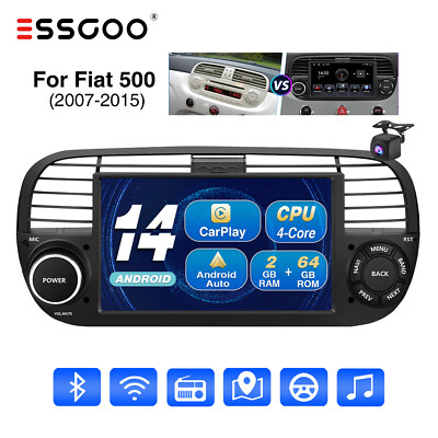 7'' Android 14 2+64G Autoradio mit Carplay GPS NAV RDS Kamera Für Fiat 500 07-15