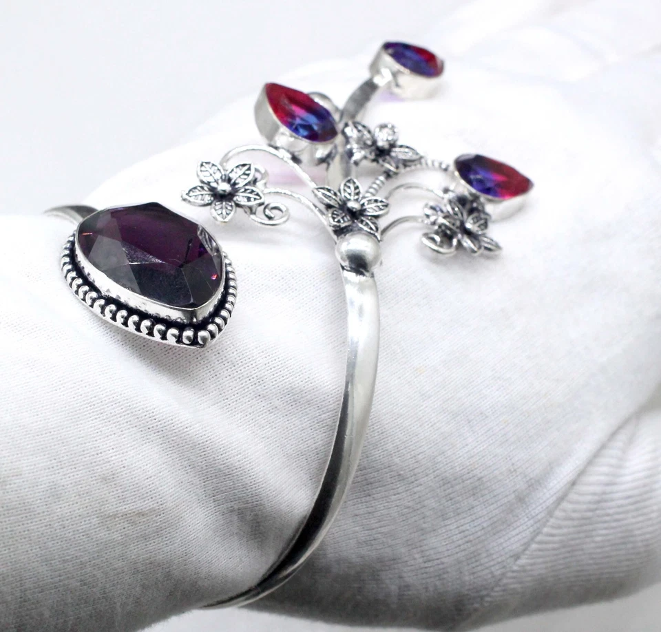 925 Sterling Silver  Amethyst Tourmaline Gemstone Handmade Jewelry Cuff Bracelet - Image 3 of 4