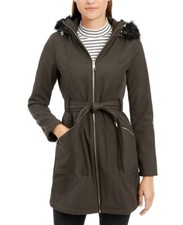 Guess Women's Faux Fur Trim Hooded Coat Belted Jacket, Olive Size Small NWT