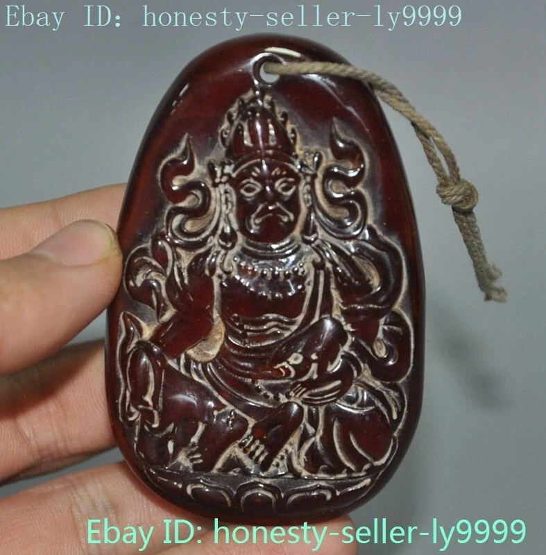 Tíbet Budismo Templo Ámbar Tallado Amarillo Jambhala Buda Estatua Amuleto Colgante Foto 4 de 4