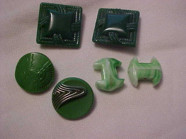 6 Glass Green Buttons 2 Pairs 3/4 in. & 5/8 in  & 2 Singles 3/4in.  Near Mint!