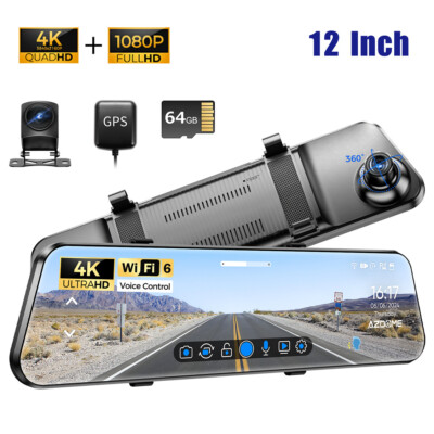 AZDOME 12''Dual 4K+1080P Rear View Mirror Dashcam Front Rear WiFi6 GPS Car Camera