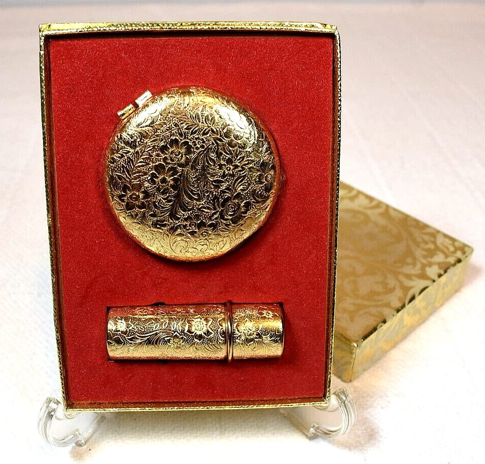VAN CLEEF & ARPELS VTG REVLON 1950s Floral Gold Compact/Lipstick