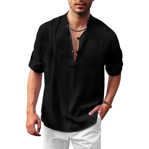 Camisa Blusa Para Hombres Manga Larga Con Botones Suelta Henley Cuello en V Prendas para el torso Camisetas - Imagen 12 de 16