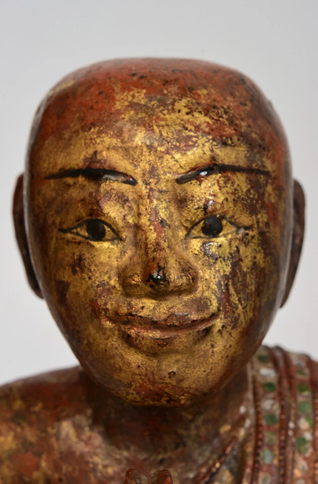 19th Century, Mandalay, Antique Burmese Wooden Seated Disciple / Monk - Image 2 of 4
