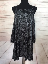 Reborn Size Medium M Cold Shoulder Dress Black Gray Stretch Slinky Shift Boho