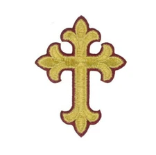 Fleur Cross - Embroidered Gold Metallic-Burgundy Edge Iron On Applique Patch