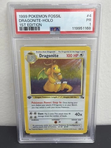 PSA 1 1999 Pokemon 1ST EDITION Fossil Dragonite Holo 4/62 Holo Foil WOTC LOW POP