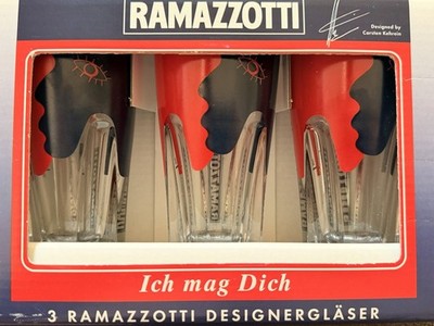 3 x Ramazotti Designer Gläser Gesicht rot mit Eichstrich Rastal Sonderedition